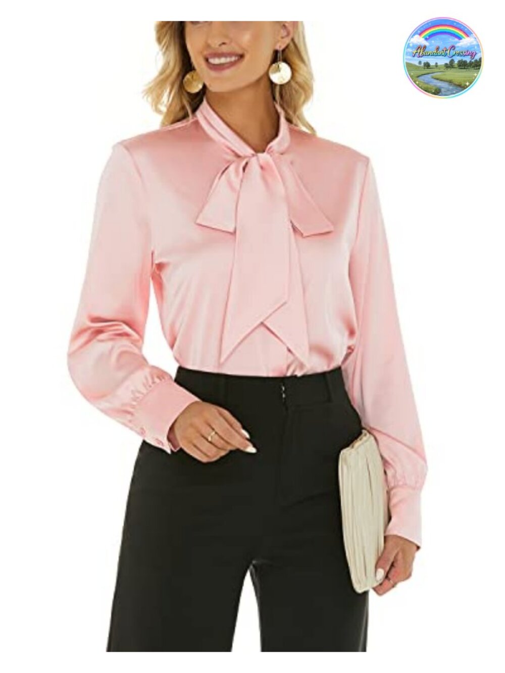 Women's Satin Blouse Bow Tie Neck Long Sleeve Button Down Shirt